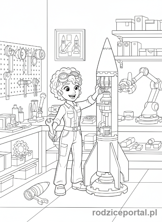 Kolorowanka Lego Friends - Olivia budująca rakietę.