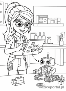 Kolorowanka Lego Friends - Olivia eksperymentująca z robotem.