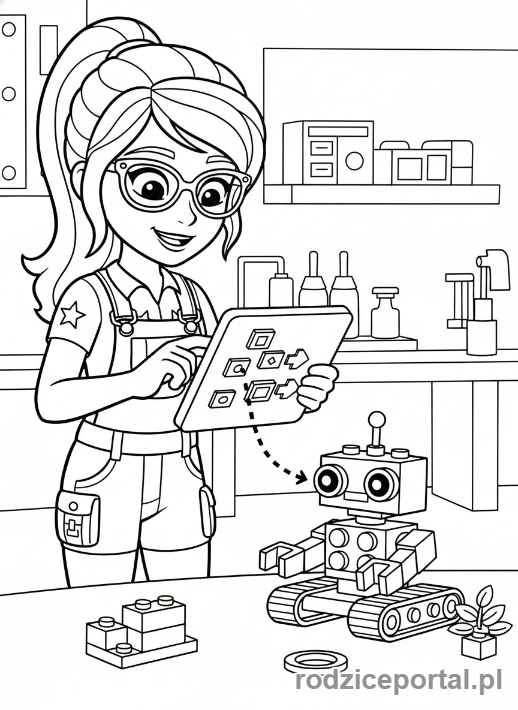 Kolorowanka Lego Friends - Olivia eksperymentująca z robotem.