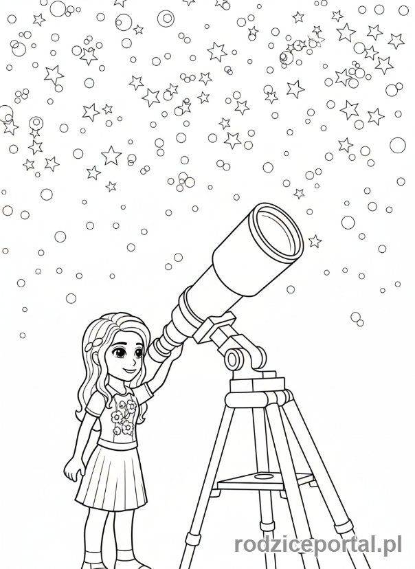 Kolorowanka Lego Friends - Olivia obserwująca gwiazdy przez teleskop.