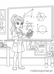 Kolorowanka Lego Friends - Olivia rozwiązująca skomplikowany problem matematyczny.