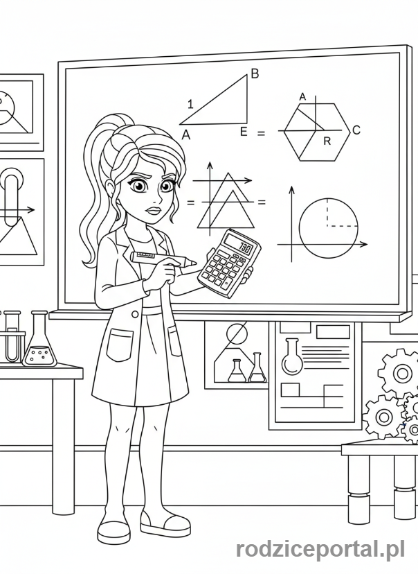 Kolorowanka Lego Friends - Olivia rozwiązująca skomplikowany problem matematyczny.