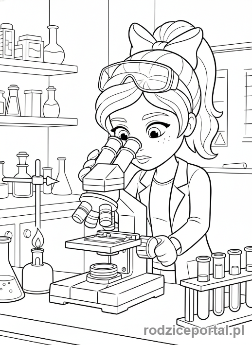 Kolorowanka Lego Friends - Olivia używająca mikroskopu.