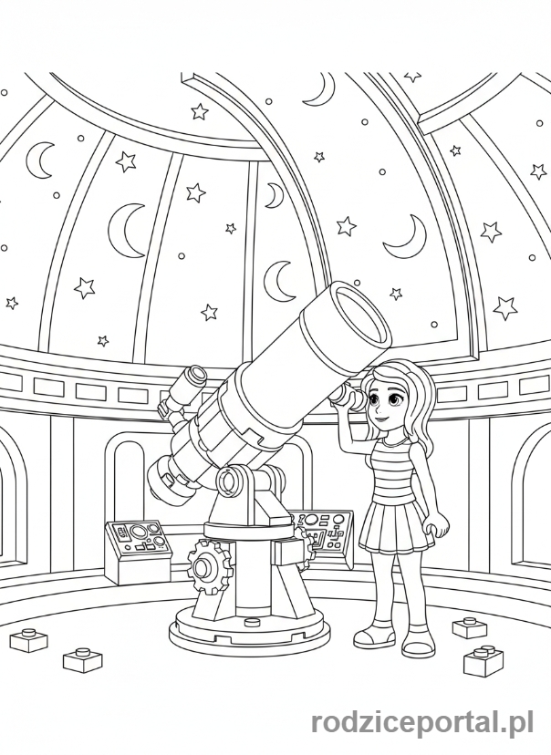 Kolorowanka Lego Friends - Olivia w obserwatorium, patrząca przez teleskop na gwiazdy.