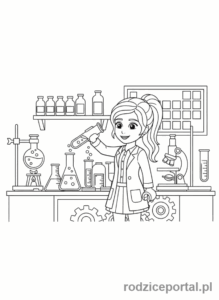Kolorowanka Lego Friends - Olivia w swoim laboratorium z probówkami.
