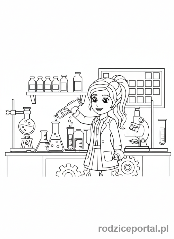 Kolorowanka Lego Friends - Olivia w swoim laboratorium z probówkami.