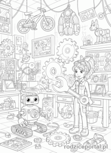 Kolorowanka Lego Friends - Olivia z robotem Zobo, pracuje nad wynalazkiem.