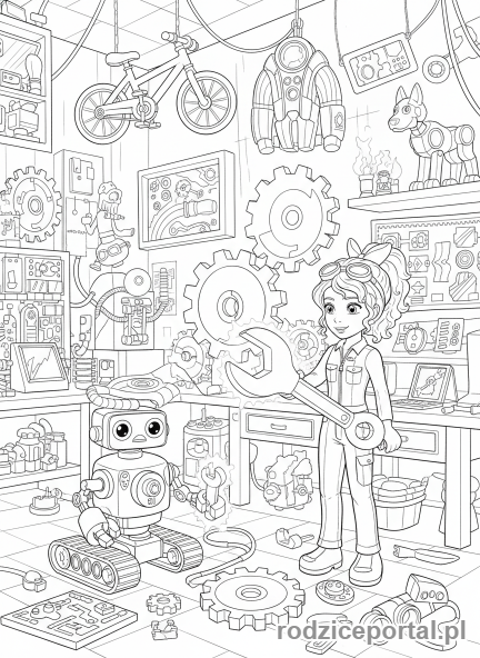 Kolorowanka Lego Friends - Olivia z robotem Zobo, pracuje nad wynalazkiem.