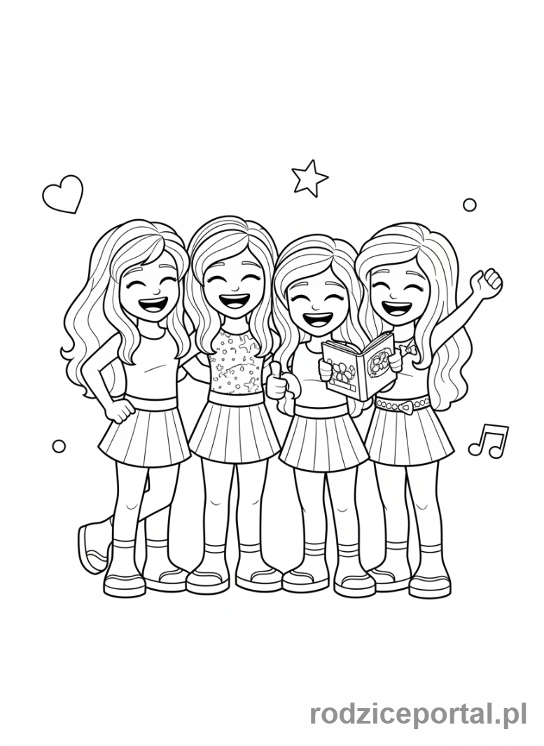 Kolorowanka Lego Friends - Pięć przyjaciółek Lego Friends razem, uśmiechnięte.