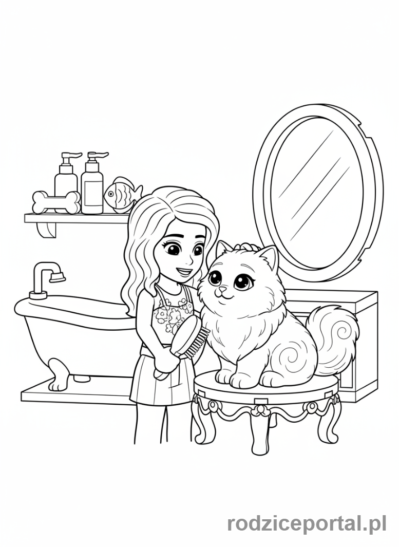 Kolorowanka Lego Friends - Przyjaciółka pielęgnująca puszystego kota w salonie dla zwierząt.