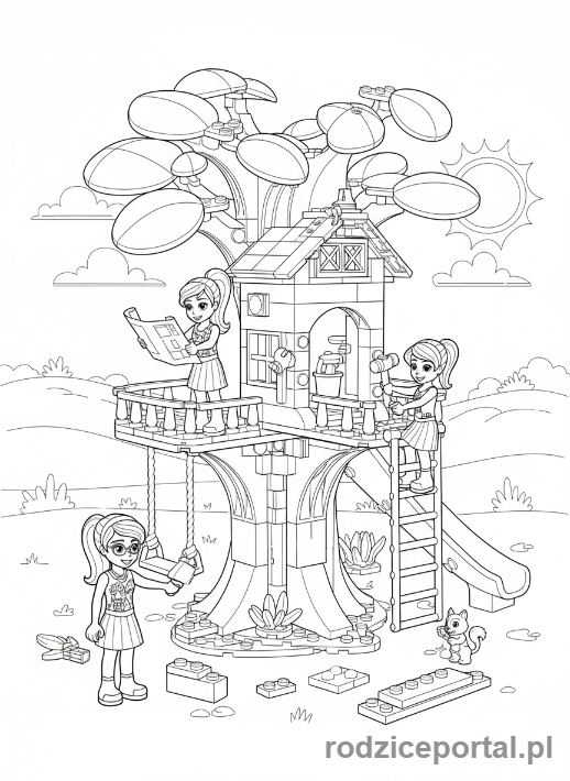 Kolorowanka Lego Friends - Przyjaciółki budujące domek na drzewie.