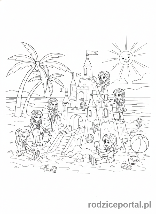 Kolorowanka Lego Friends - Przyjaciółki na plaży budujące zamek z piasku.