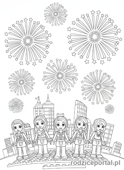 Kolorowanka Lego Friends - Przyjaciółki na pokazie sztucznych ogni.