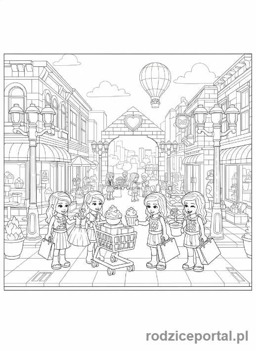 Kolorowanka Lego Friends - Przyjaciółki na zakupach w Heartlake City.