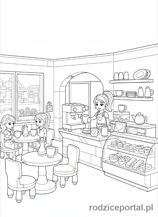 Kolorowanka Lego Friends - Scena w kawiarni w Heartlake City, z jedną przyjaciółką serwującą kawę.