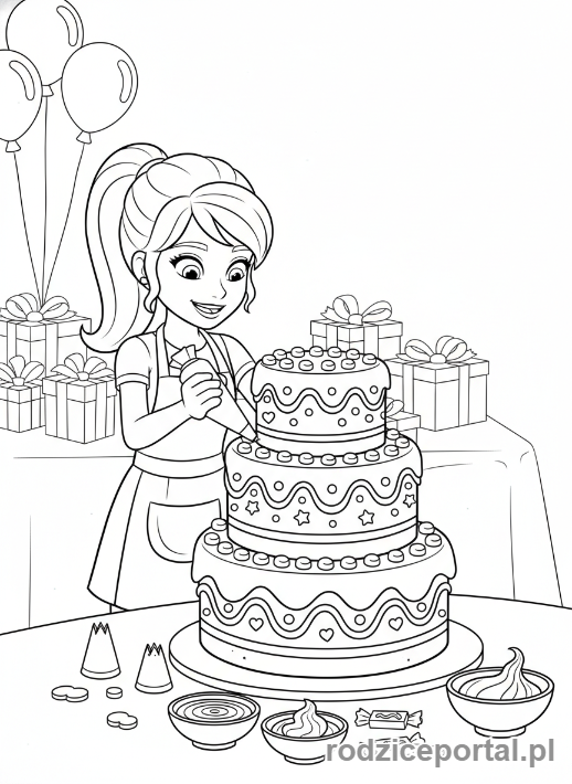 Kolorowanka Lego Friends - Stephanie dekorująca tort urodzinowy.