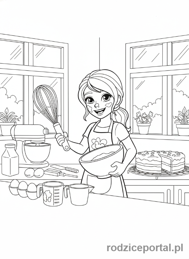 Kolorowanka Lego Friends - Stephanie piekąca ciasto w kuchni.