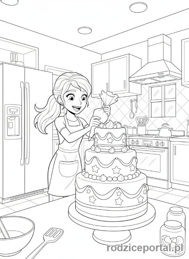 Kolorowanka Lego Friends - Stephanie piekąca ciasto w kuchni.