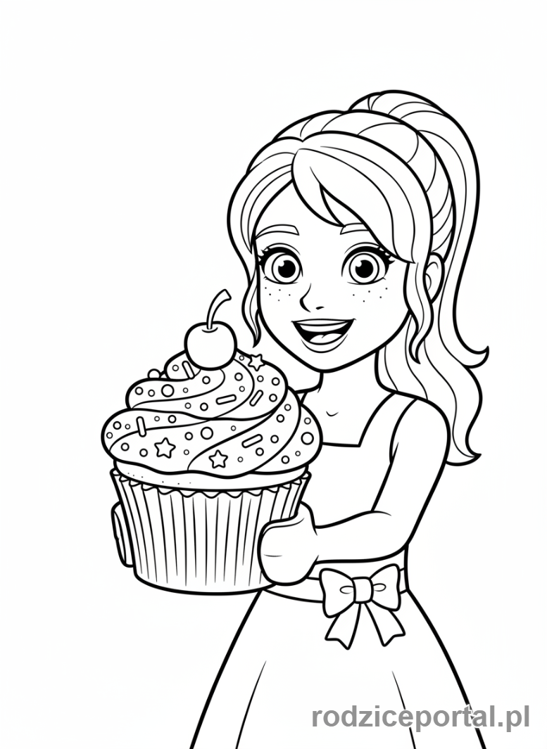 Kolorowanka Lego Friends - Stephanie trzymająca pięknie udekorowaną babeczkę.