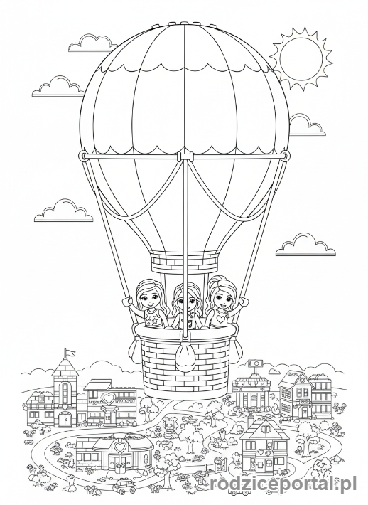 Kolorowanka Lego Friends - Trzy przyjaciółki Lego Friends machające z kolorowego balonu.