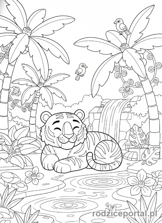 Kolorowanka Lego Friends - Tygrys Lego Friends odpoczywający w dżungli.