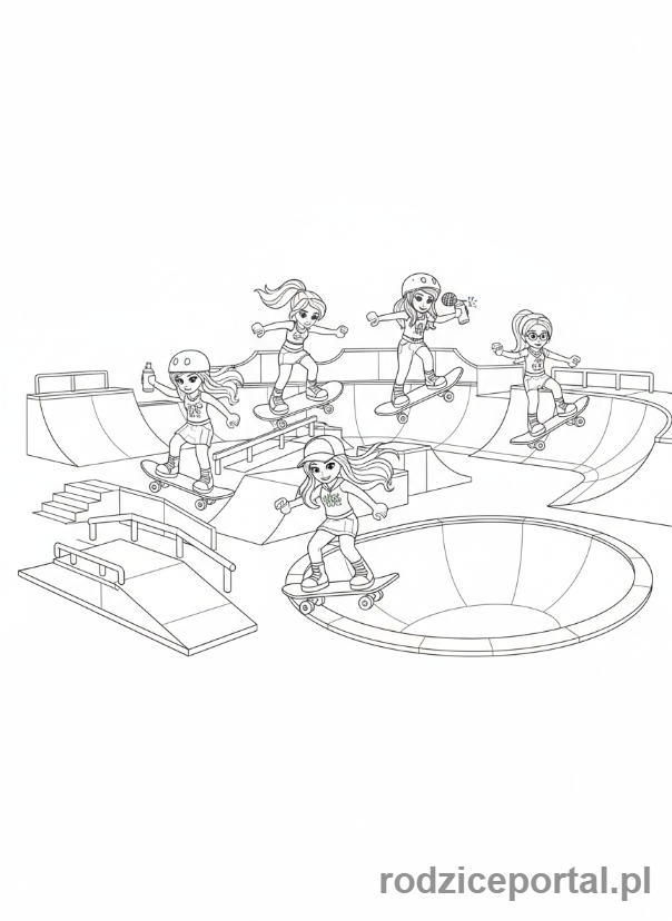 Kolorowanka Lego Friends - Wszystkie przyjaciółki Lego Friends na deskorolkach.