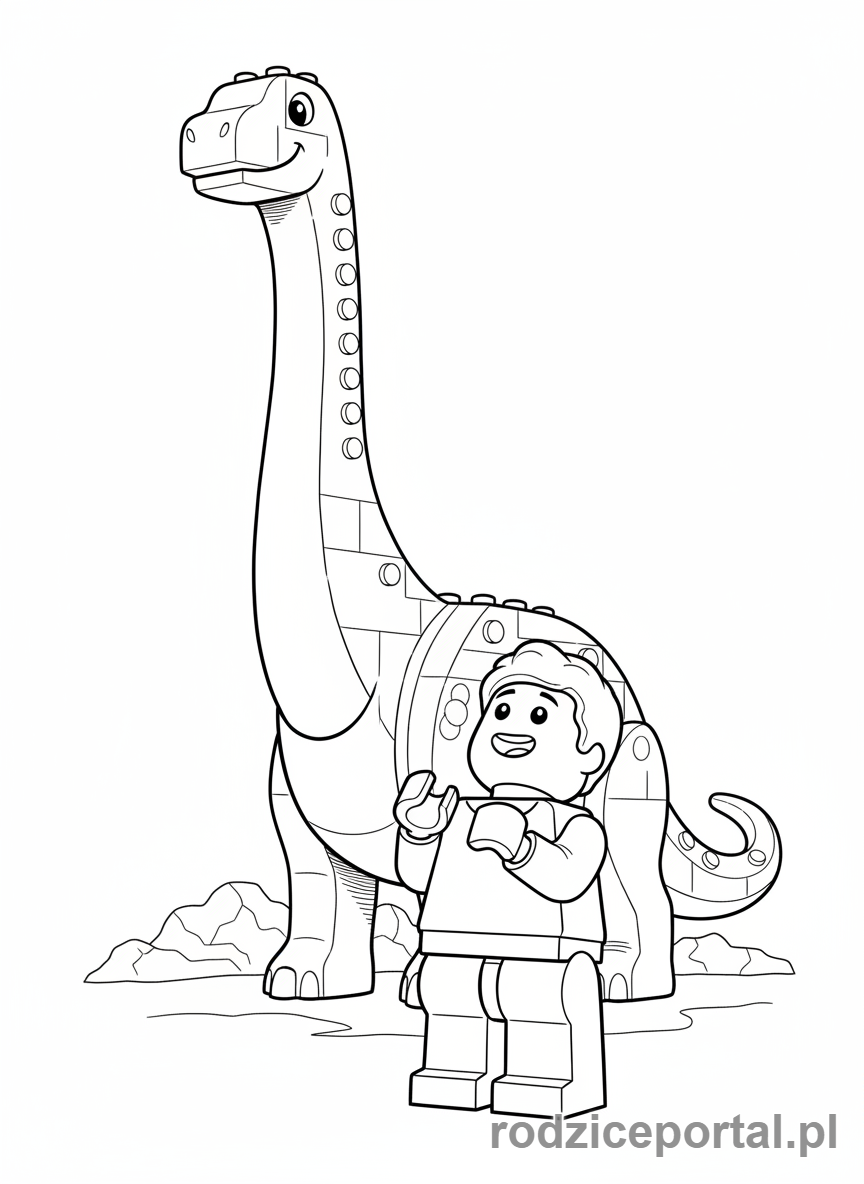 Kolorowanka Lego Jurassic World - Dziecko Lego obserwujące brontozaura