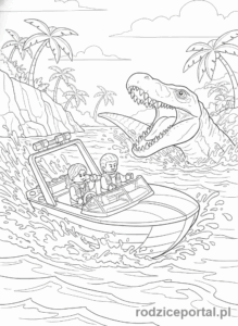 Kolorowanka Lego Jurassic World - Lego bohaterowie na motorówce