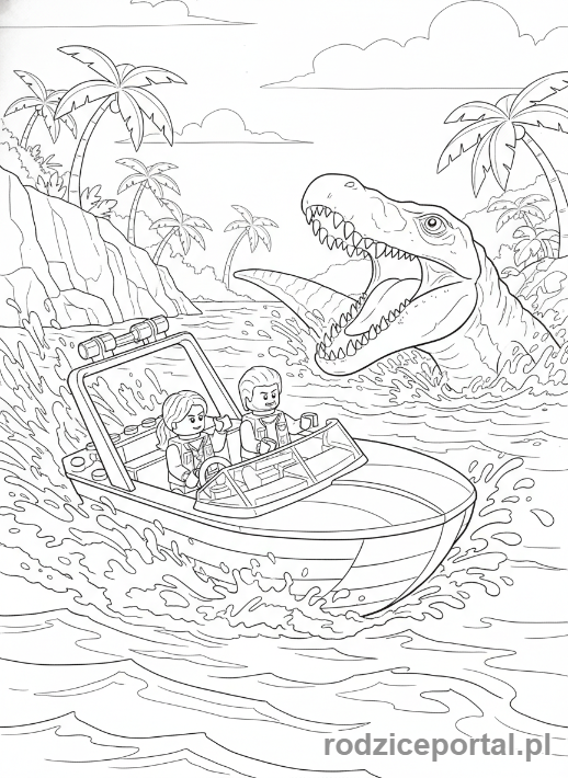 Kolorowanka Lego Jurassic World - Lego bohaterowie na motorówce