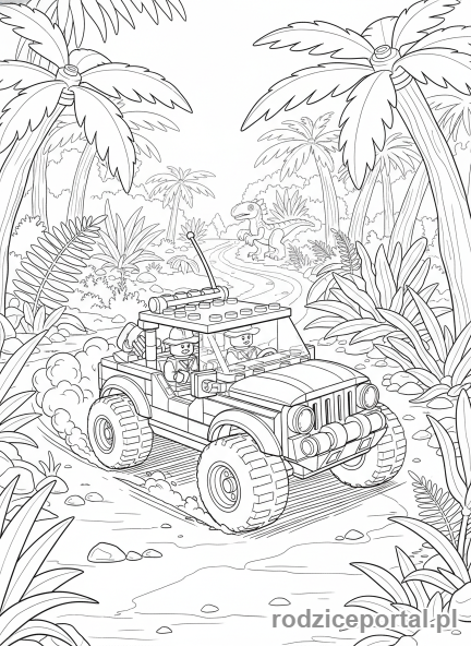 Kolorowanka Lego Jurassic World - Lego Jeep terenowy w dżungli