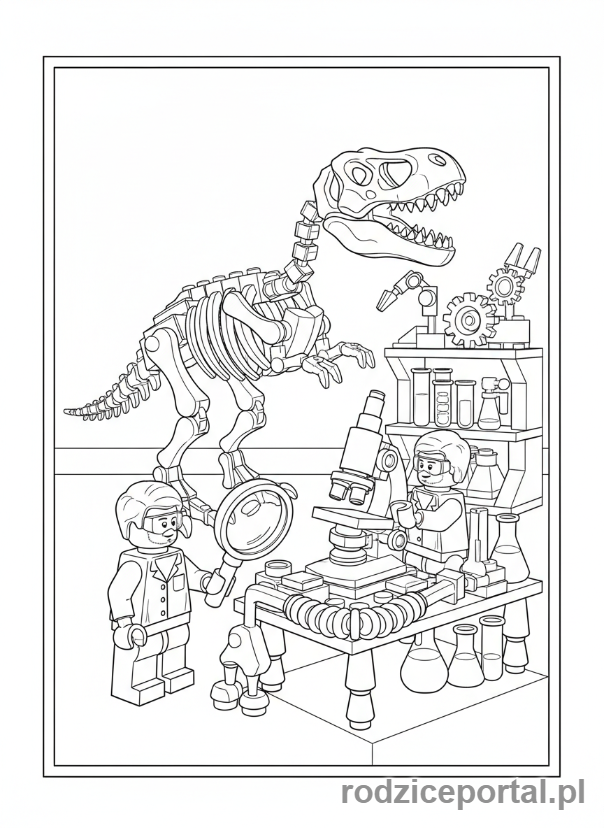 Kolorowanka Lego Jurassic World - Lego naukowcy badający skamielinę dinozaura