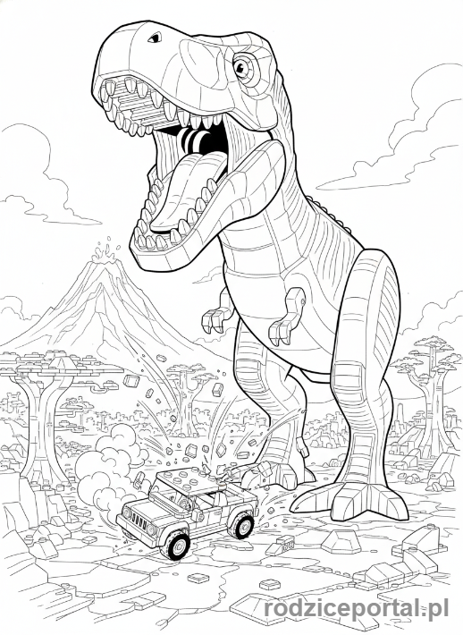 Kolorowanka Lego Jurassic World - Olbrzymi Lego T-Rex atakujący pojazd
