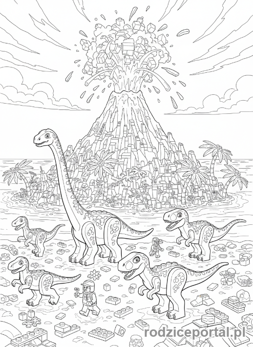 Kolorowanka Lego Jurassic World - Wybuchający wulkan na Isla Nublar