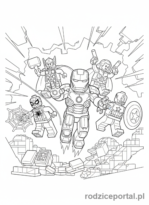 Kolorowanka Lego Marvel - Grupa Lego Avengersów w akcji