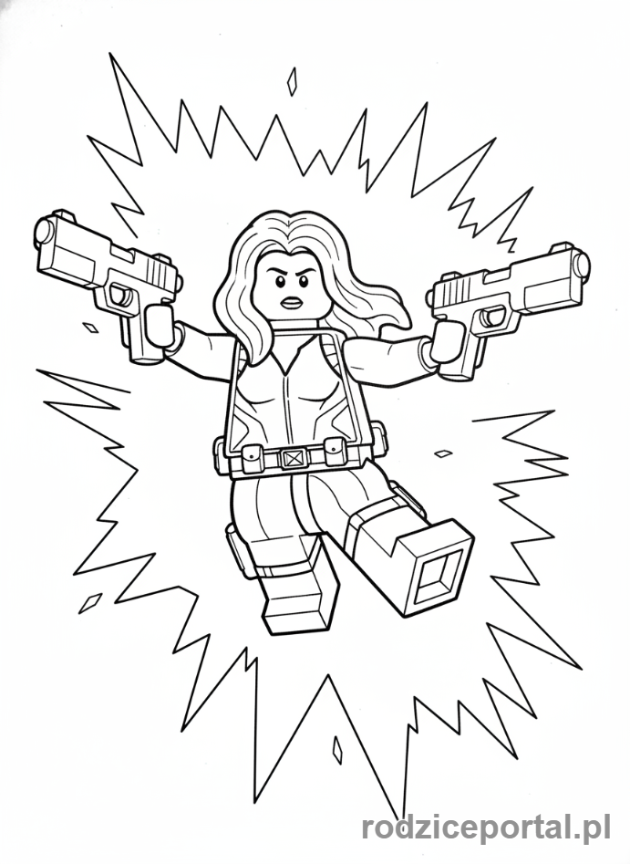 Kolorowanka Lego Marvel - Lego Czarna Wdowa w akcji, z pistoletami