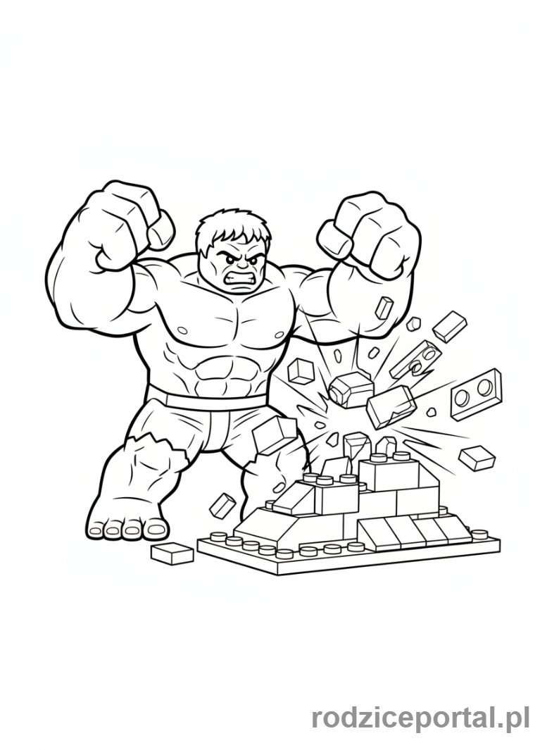 Kolorowanka Lego Marvel - Lego Hulk miażdżący przeszkodę, cała sylwetka