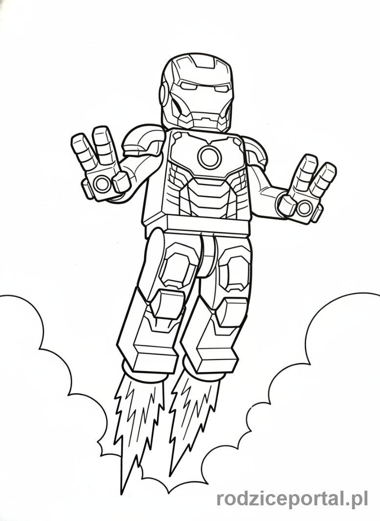 Kolorowanka Lego Marvel - Lego Iron Man w locie, z repulsorami