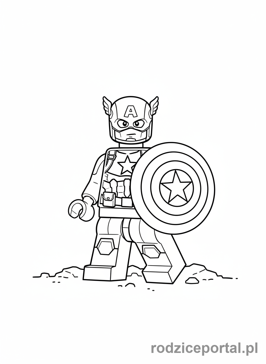 Kolorowanka Lego Marvel - Lego Kapitan Ameryka z tarczą, w gotowości