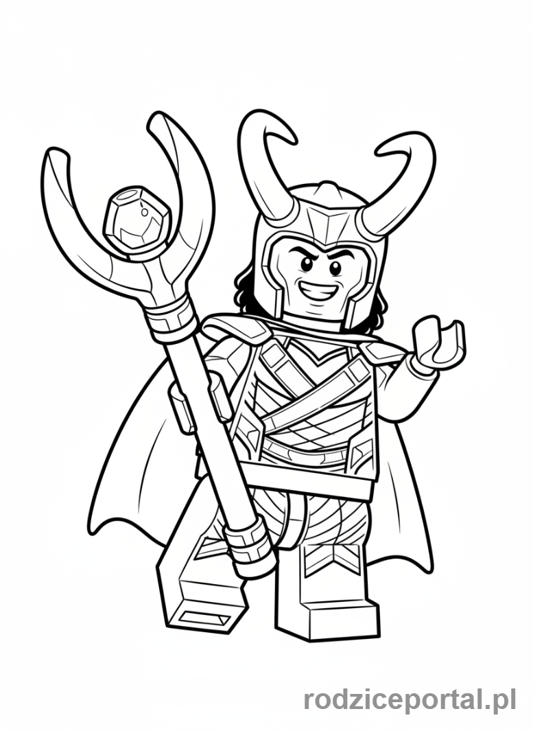 Kolorowanka Lego Marvel - Lego Loki z berłem, przebiegły uśmiech