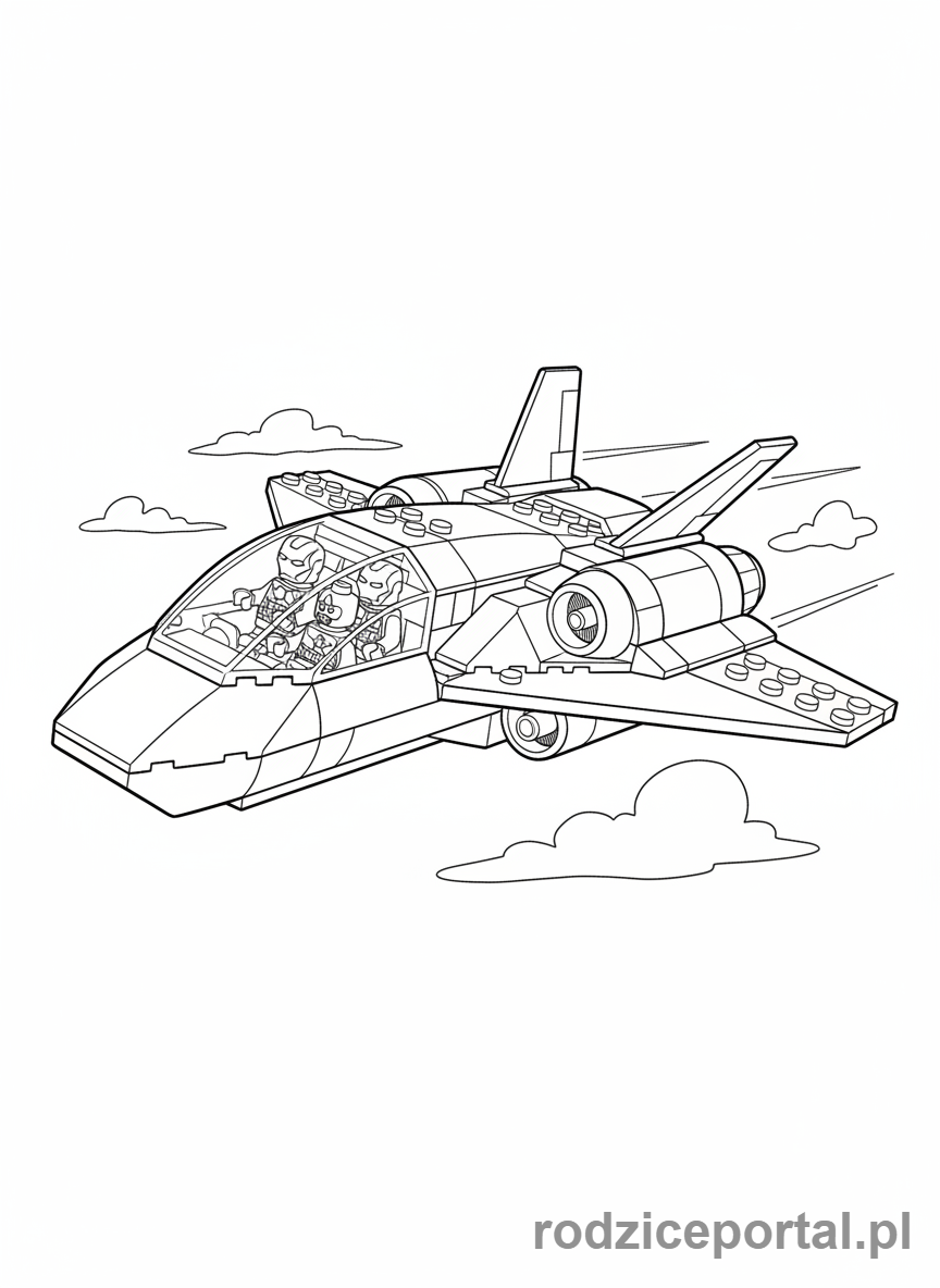 Kolorowanka Lego Marvel - Lego Quinjet w locie, z bohaterami