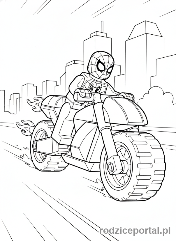 Kolorowanka Lego Marvel - Lego Spider-Man na motocyklu