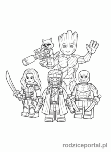 Kolorowanka Lego Marvel - Lego Strażnicy Galaktyki, cała drużyna