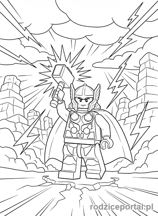 Kolorowanka Lego Marvel - Lego Thor z Mjolnirem, we wzniosłej pozie