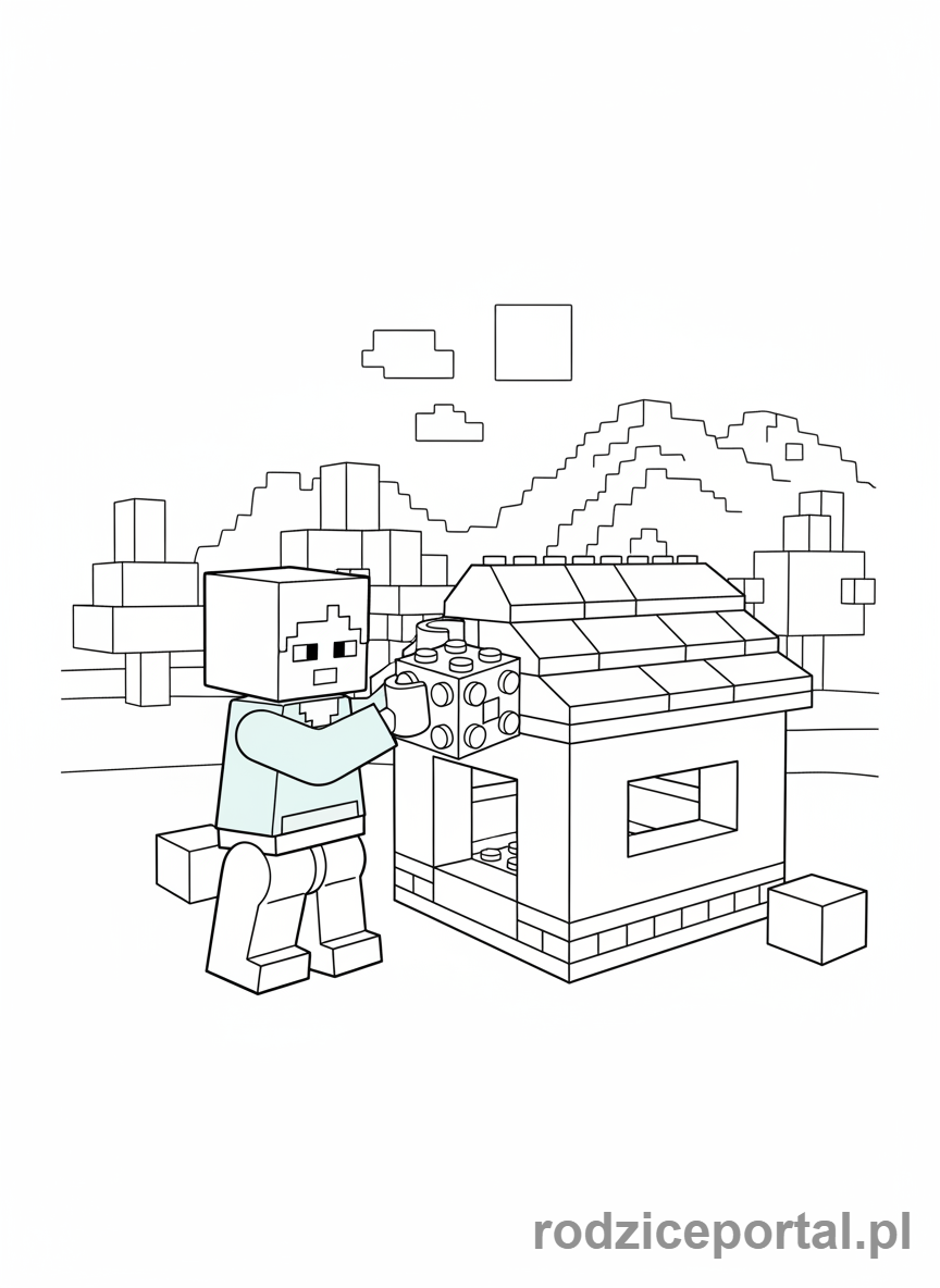 Kolorowanka Lego Minecraft - Alex budująca domek