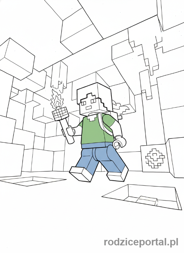 Kolorowanka Lego Minecraft - Alex odkrywająca jaskinię Lego Minecraft z pochodnią