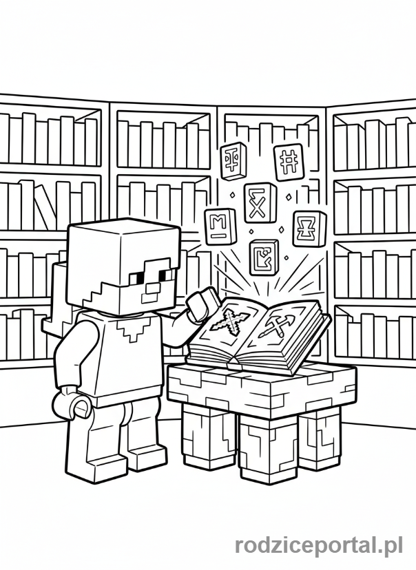 Kolorowanka Lego Minecraft - Alex przy stole do enchantowania Lego Minecraft