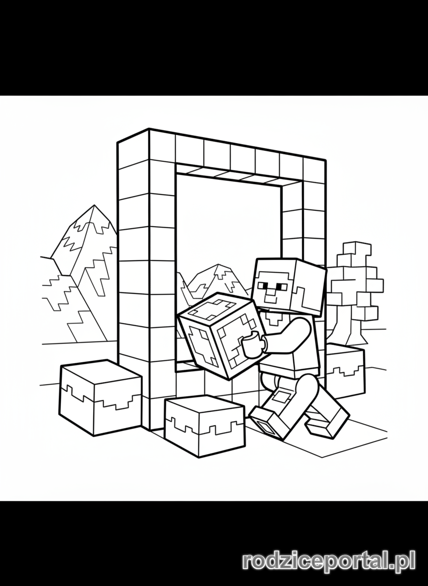 Kolorowanka Lego Minecraft - Budowanie portalu do Netheru