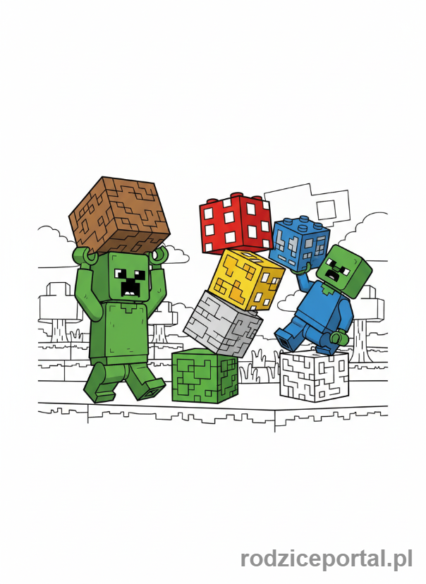 Kolorowanka Lego Minecraft - Creeper i Zombie budujące wieżę Lego Minecraft