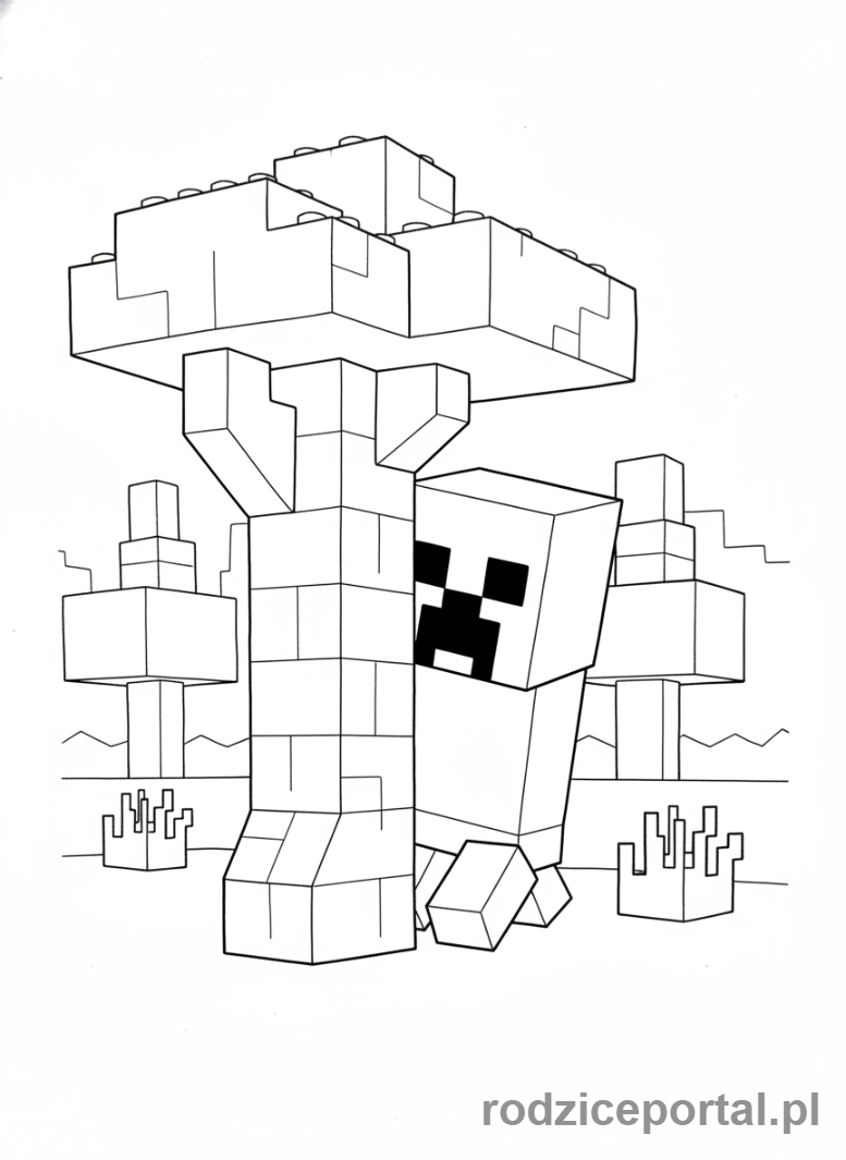 Kolorowanka Lego Minecraft - Creeper skradający się za drzewem Lego Minecraft