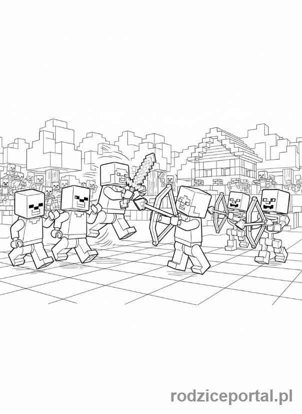 Kolorowanka Lego Minecraft - Grupa postaci walcząca